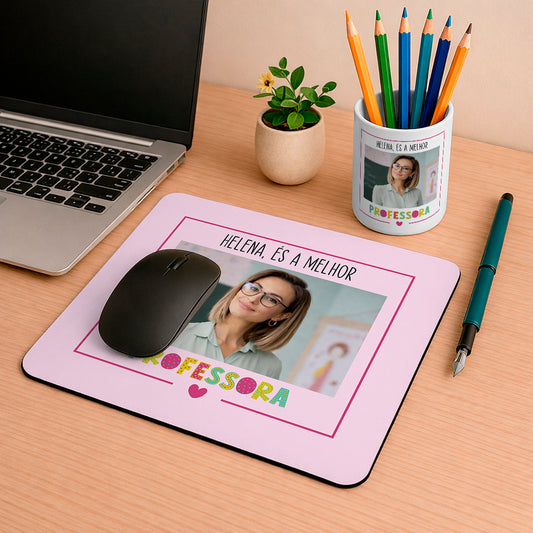 conjunto tapete de rato e porta lápis professora personalizado com nome e fotografia