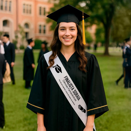 Faixa personalizada para finalista com nome, curso ou ano escolar e dedicatória — 9.º e 12.º anos ou universidade.
