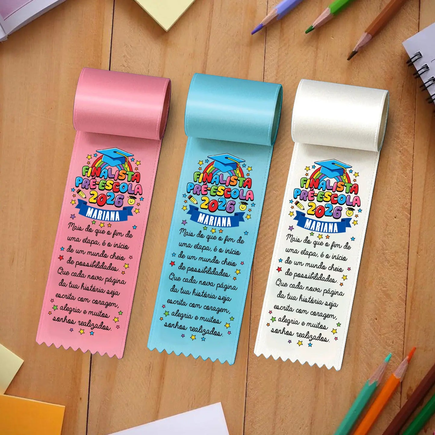 fita de finalista personalizada com dedicatória, nome e ano
