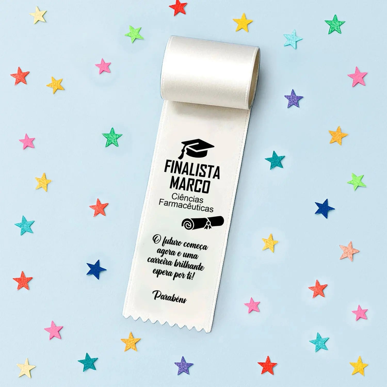 Fita personalizada para finalista com nome, curso ou ano escolar e dedicatória — 9.º e 12.º anos ou universidade. 