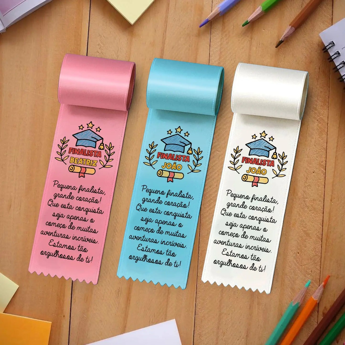 fita de finalista personalizada com dedicatória e nome