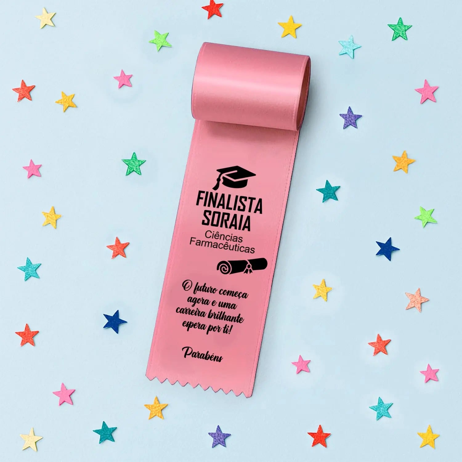 Fita personalizada para finalista com nome, curso ou ano escolar e dedicatória — 9.º e 12.º anos ou universidade. 