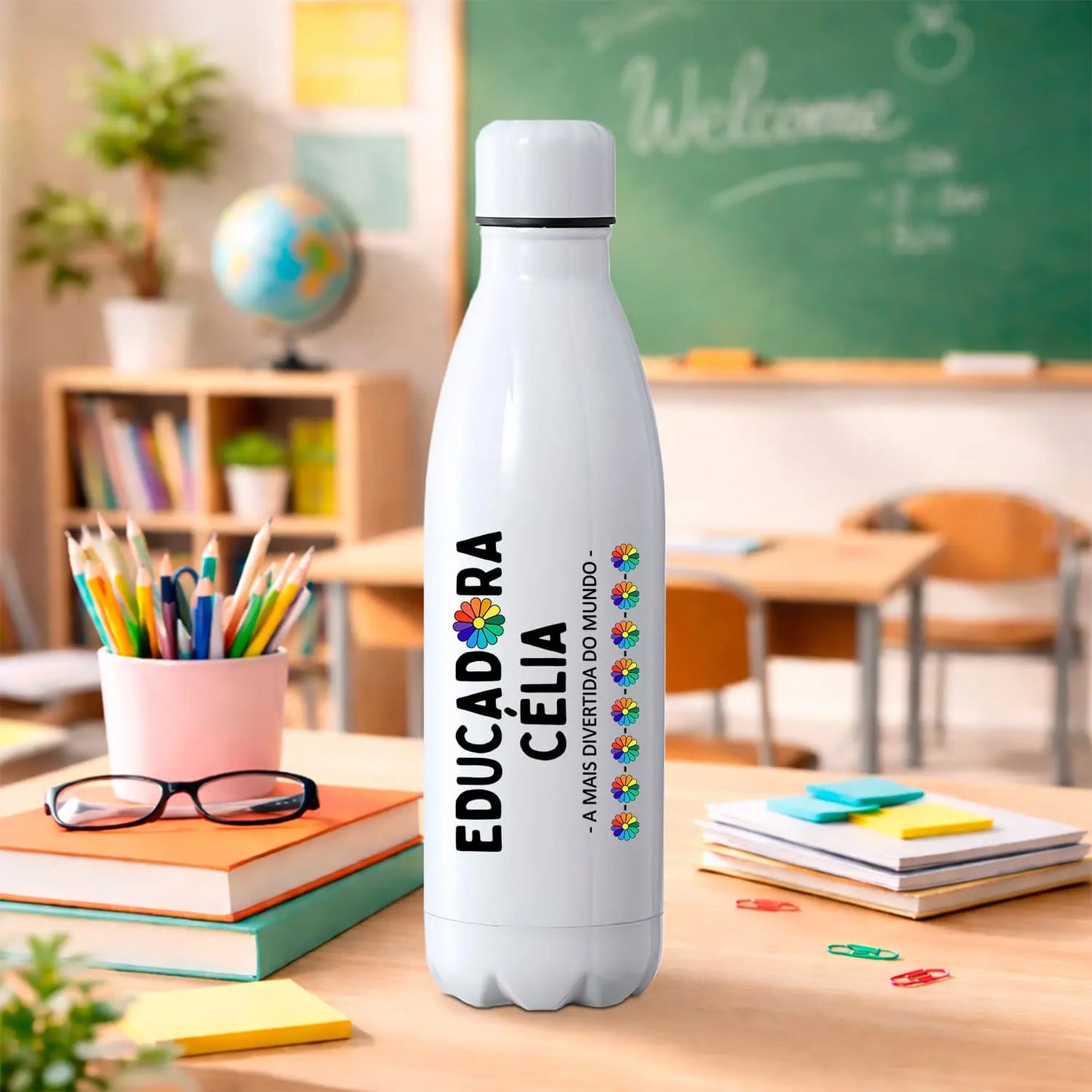 garrafa térmica educadora personalizada com nome e frase