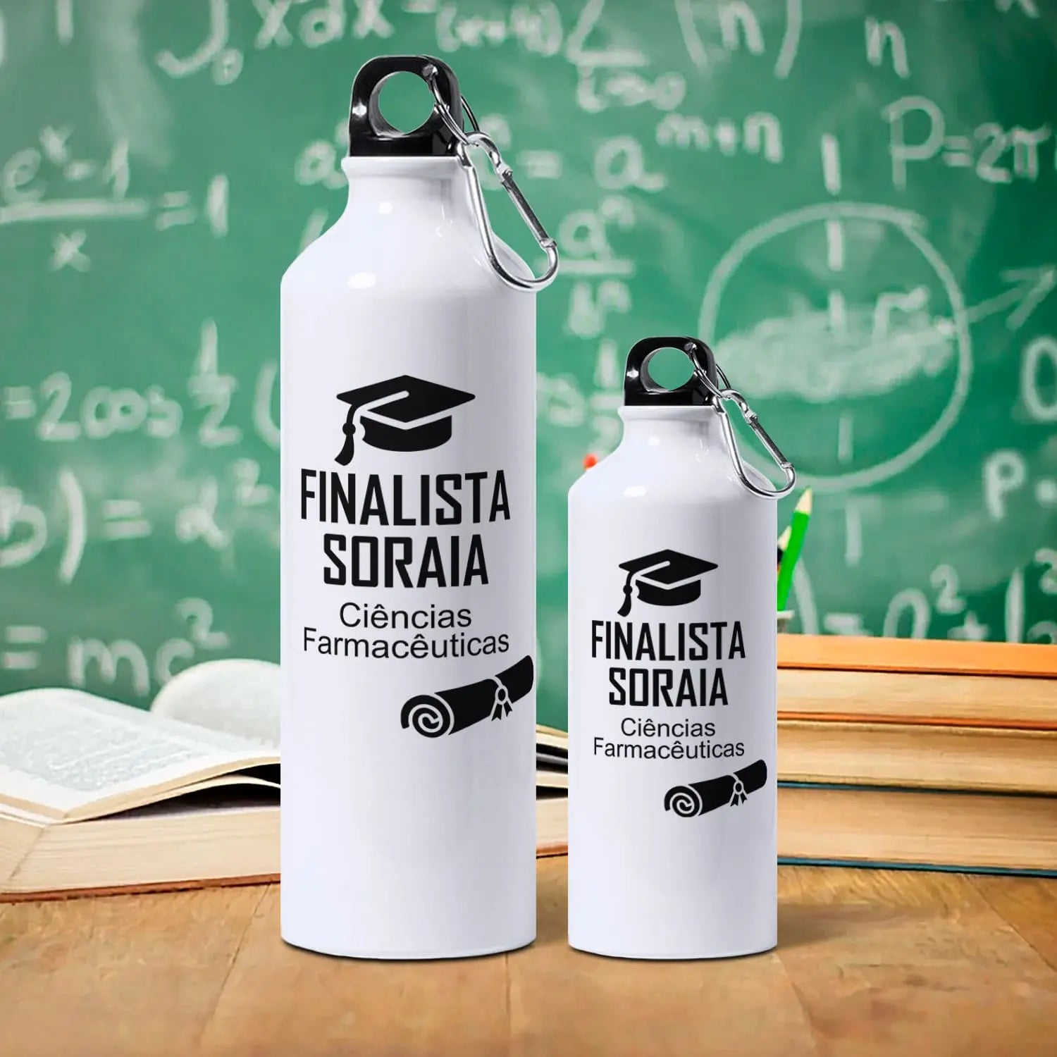 Garrafa personalizada para finalista com nome e curso ou ano escolar — 9.º e 12.º anos ou universidade. 