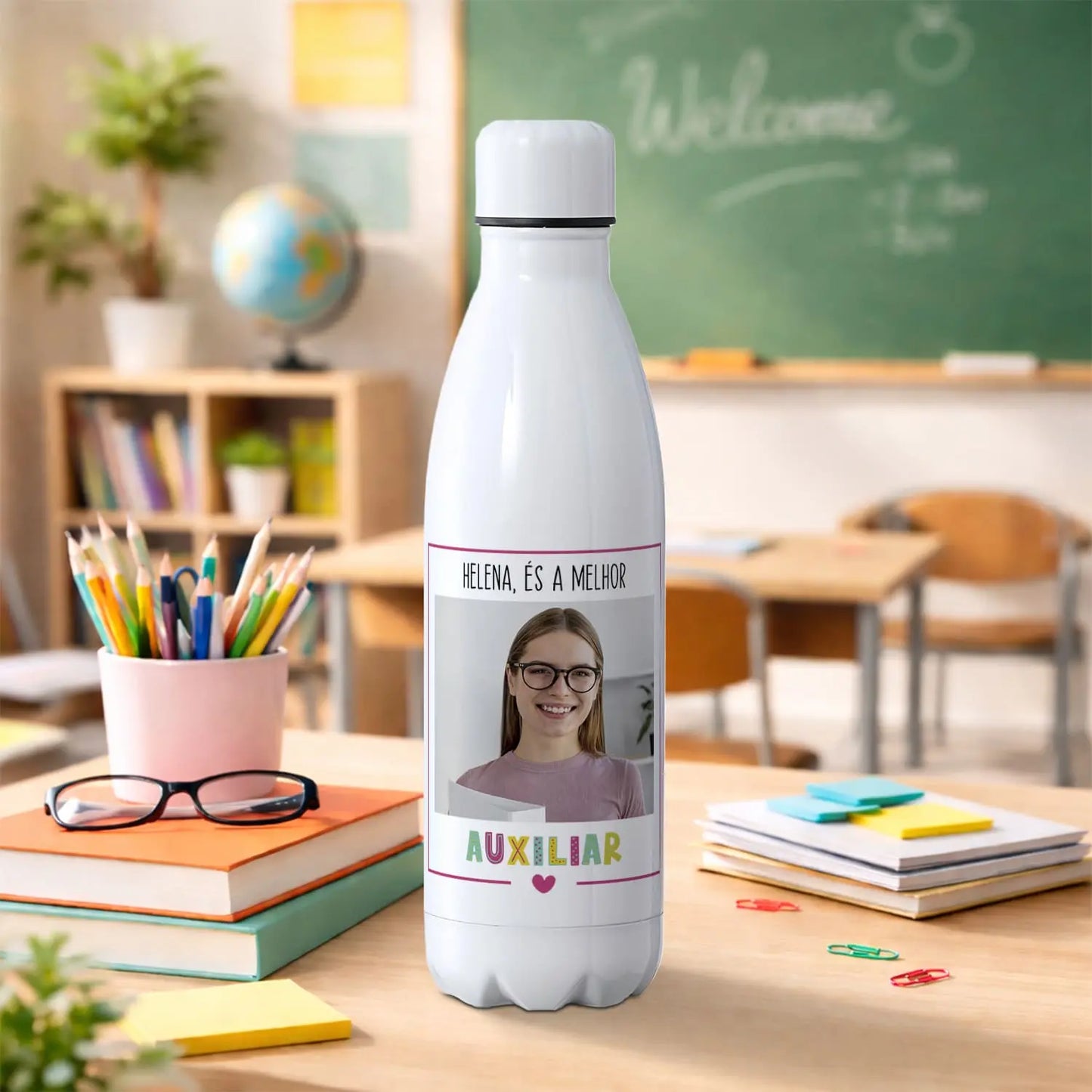 garrafa térmica auxiliar personalizada com nome e fotografia