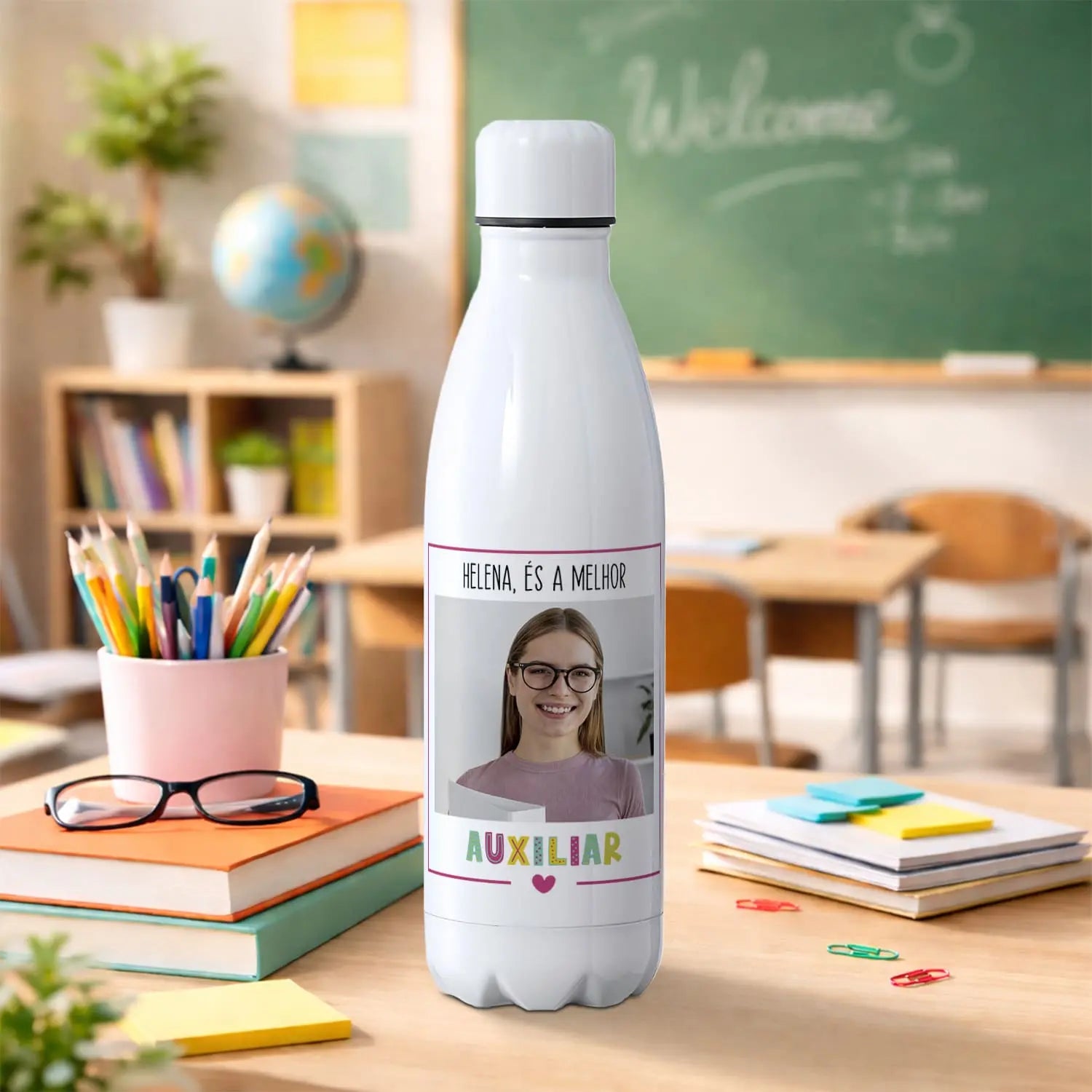 garrafa térmica auxiliar personalizada com nome e fotografia