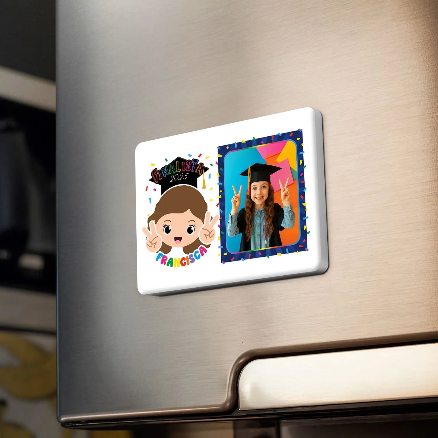 íman personalizado com fotografia, nome e ano
