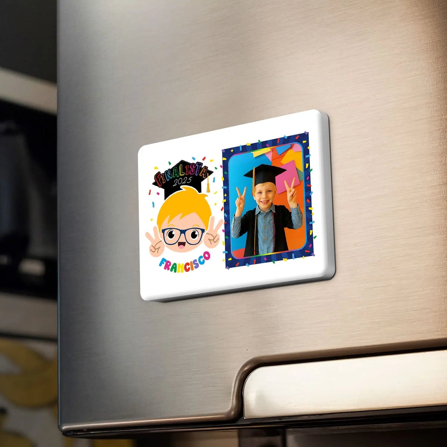 íman personalizado com fotografia, nome e ano