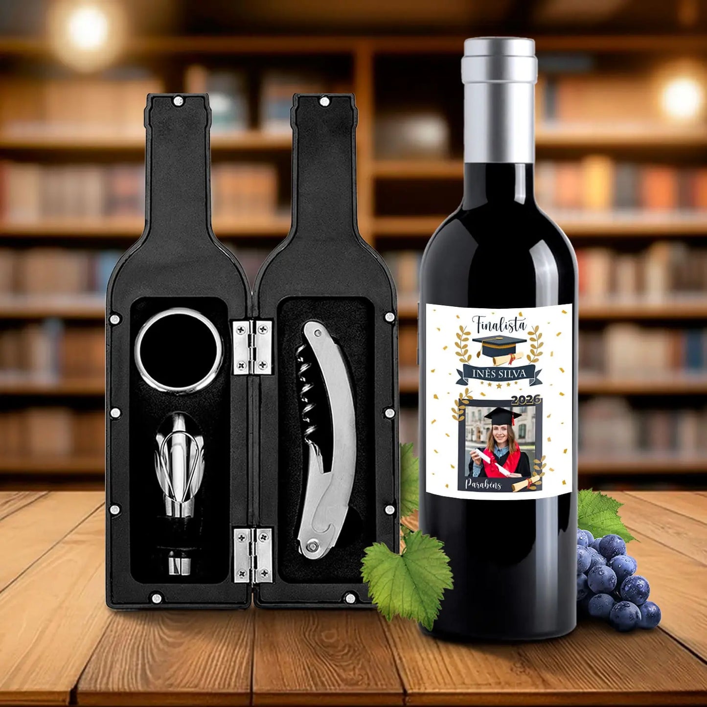 kit de vinho personalizado para finalista com nome, ano e fotografia