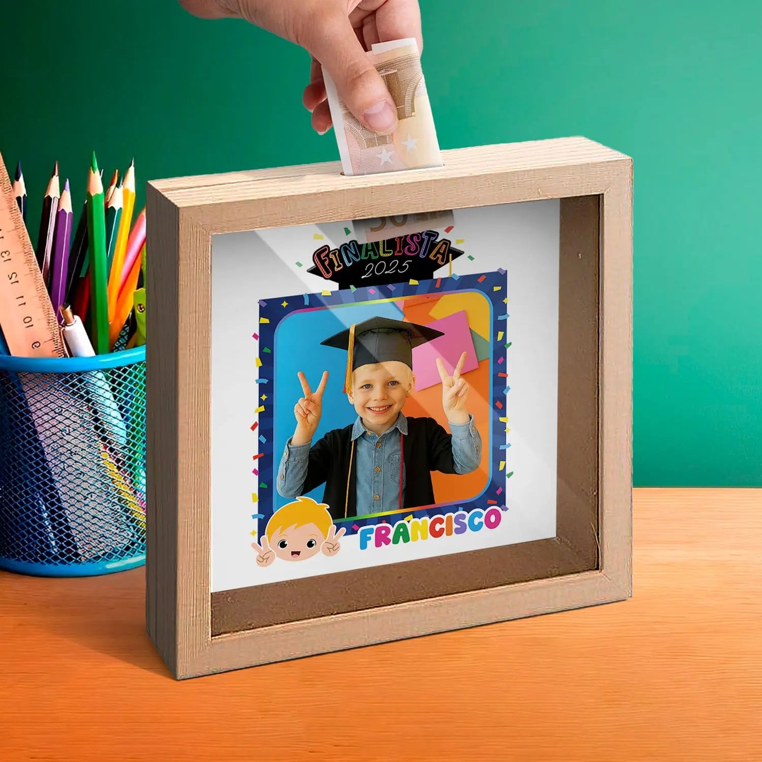 mealheiro personalizado com fotografia, nome e ano