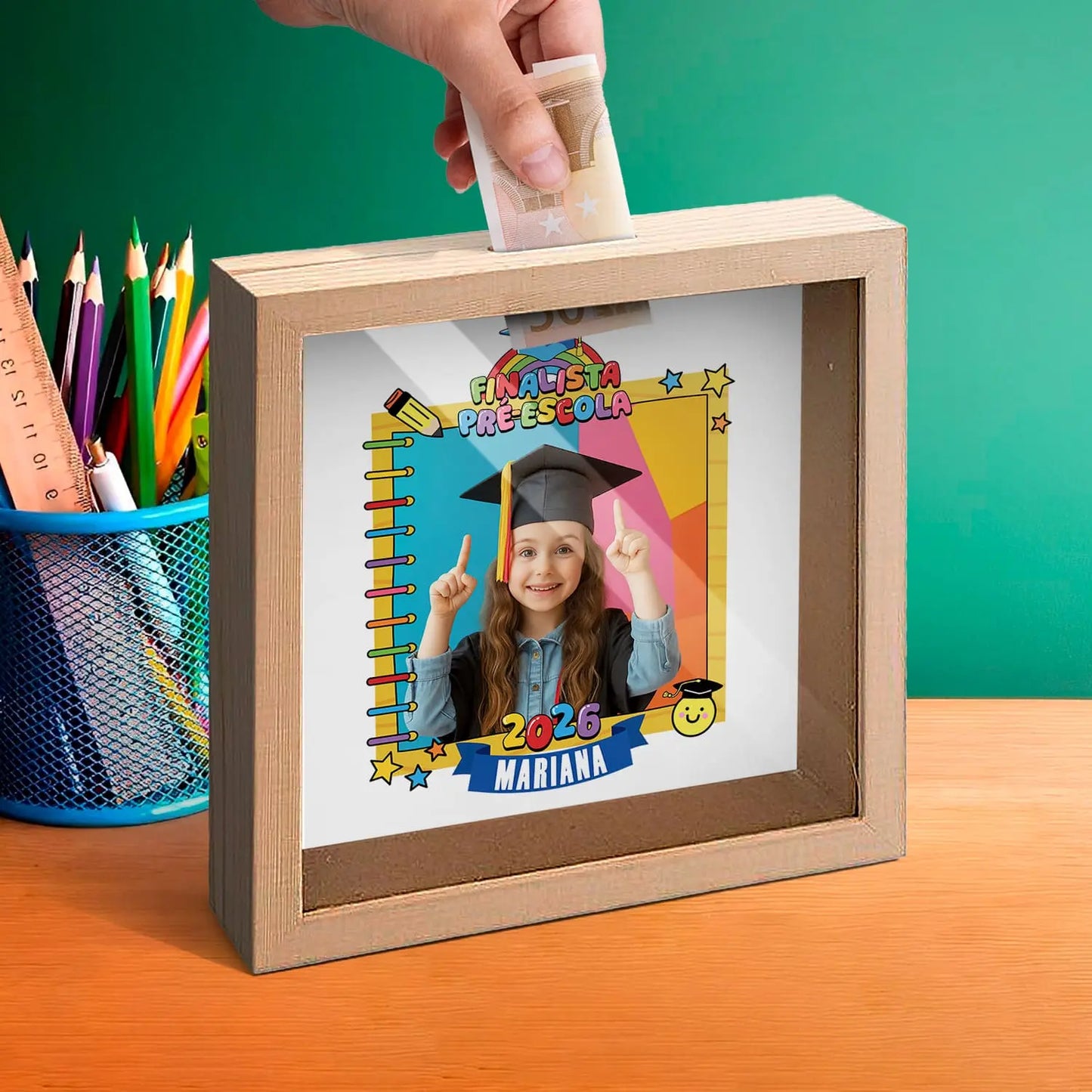 mealheiro personalizado com fotografia, nome e ano