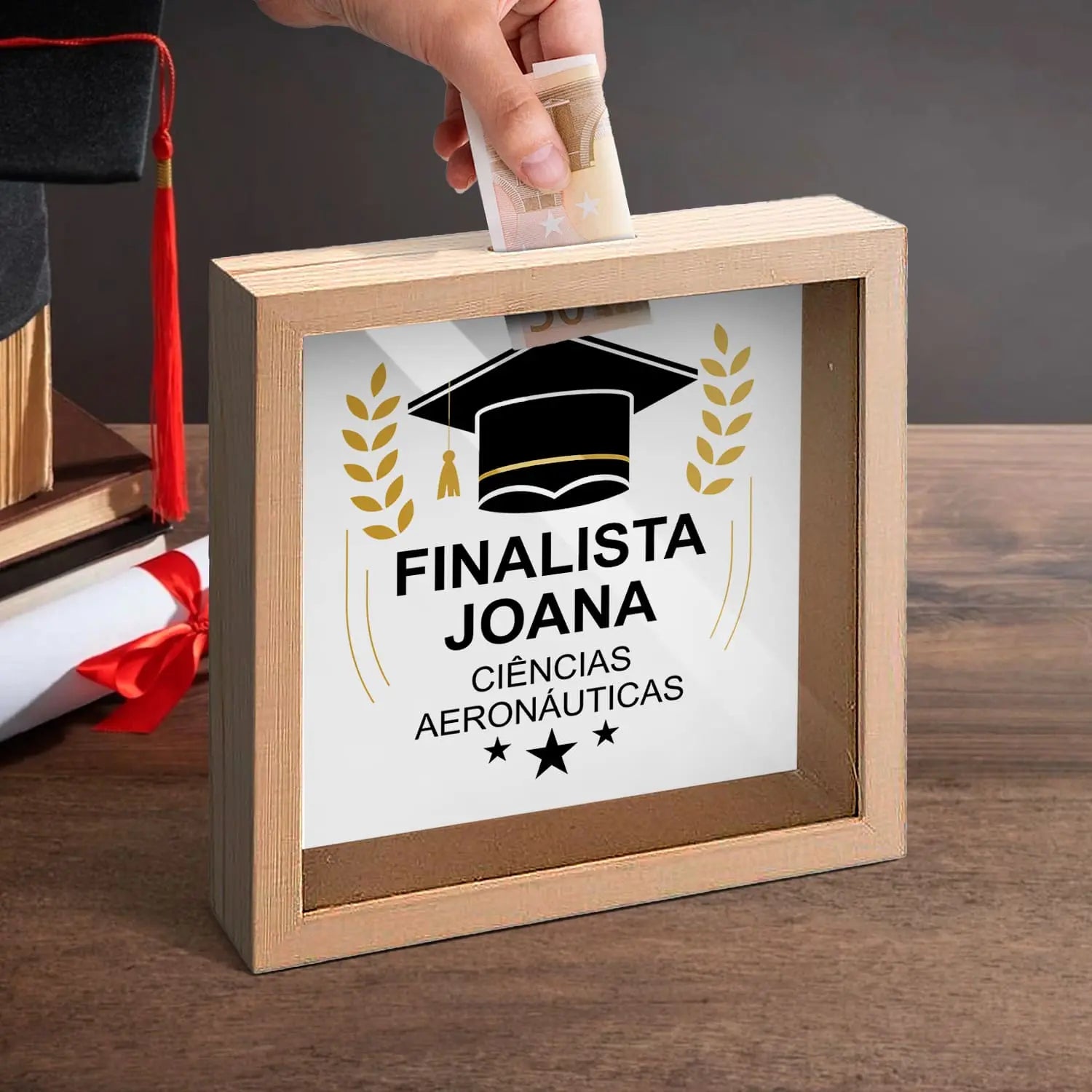 mealheiro personalizado para finalista com nome e curso ou ano escolar 