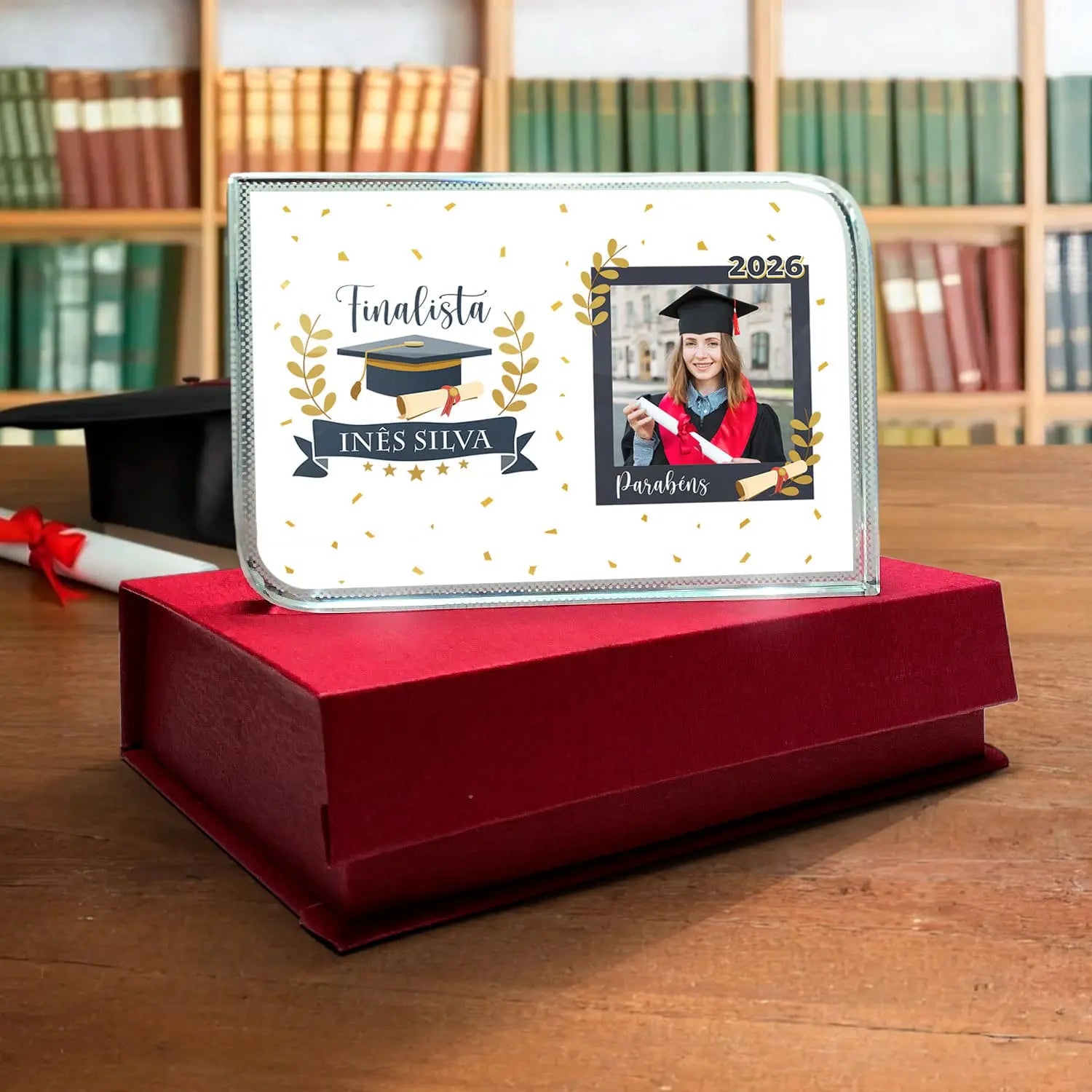 moldura de cristal 3D personalizada para finalista com nome, ano e fotografia