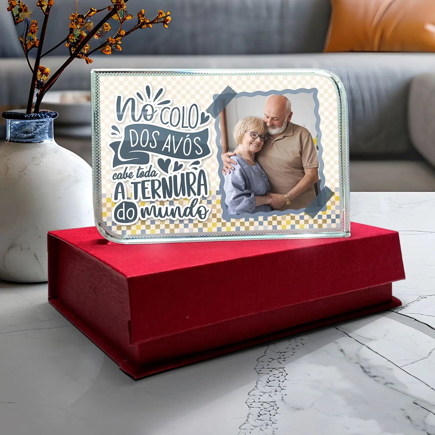 moldura de cristal 3D personalizada para avós com fotografia