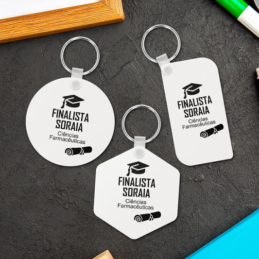 Porta-chaves MDF personalizado para finalista com nome e curso ou ano escolar — 9.º e 12.º anos ou universidade. 