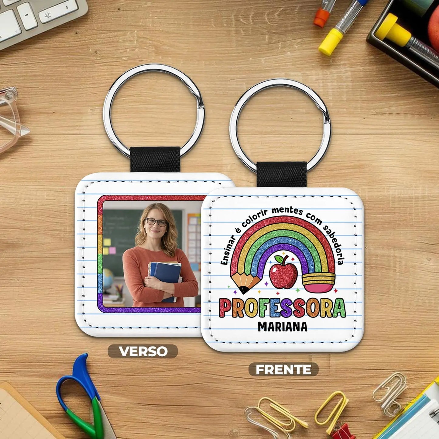 porta-chaves professora personalizado com nome, frase e fotografia 