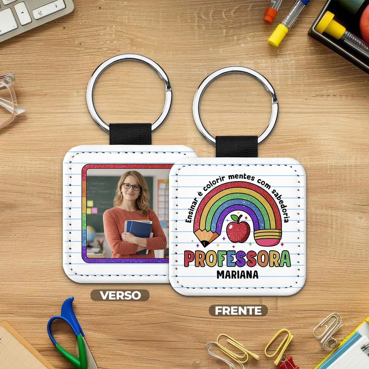 porta-chaves professora personalizado com nome, frase e fotografia 