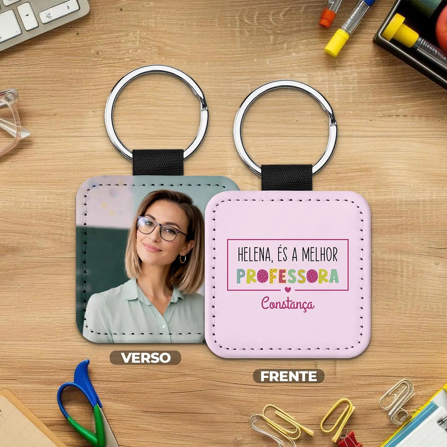 porta-chaves professora personalizado com nome e fotografia