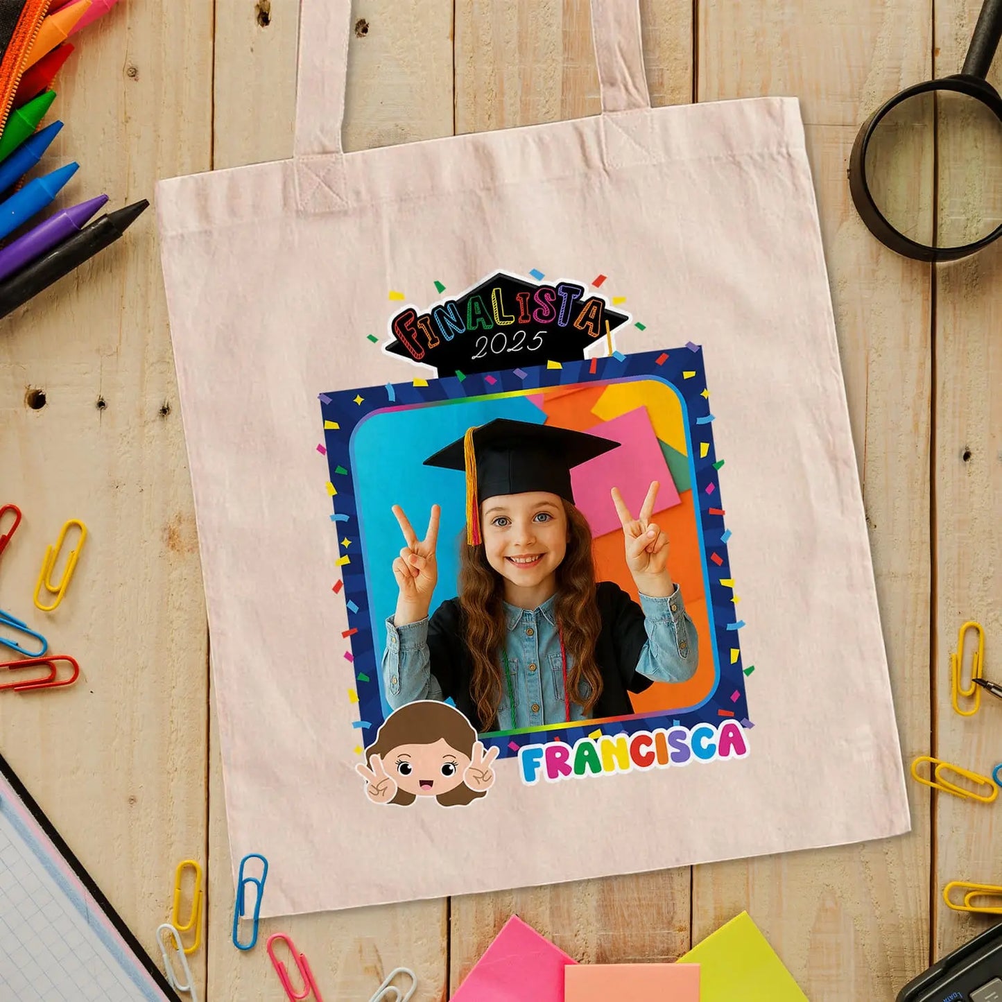 saco de pano personalizado com fotografia, nome e ano