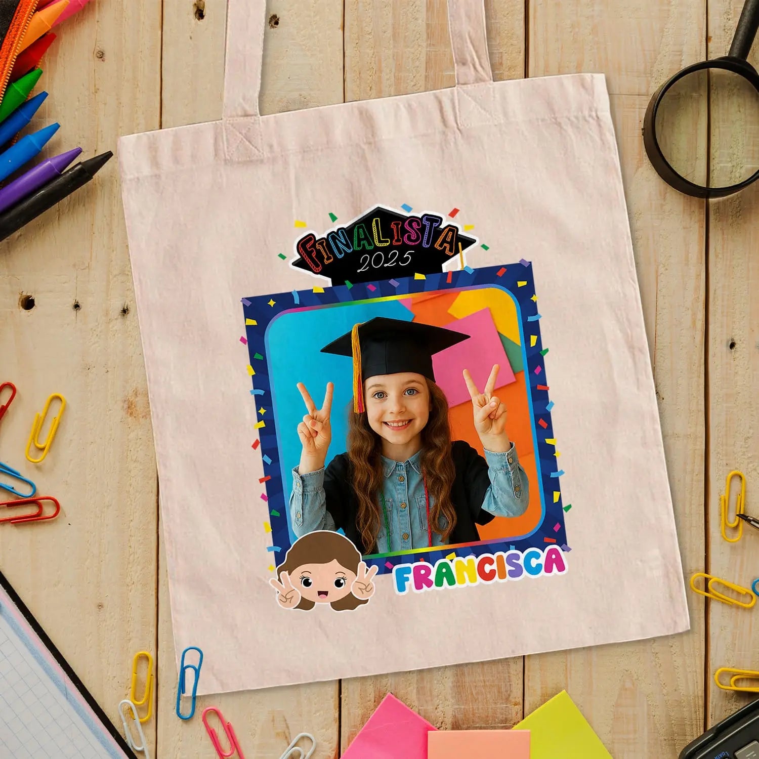 saco de pano personalizado com fotografia, nome e ano
