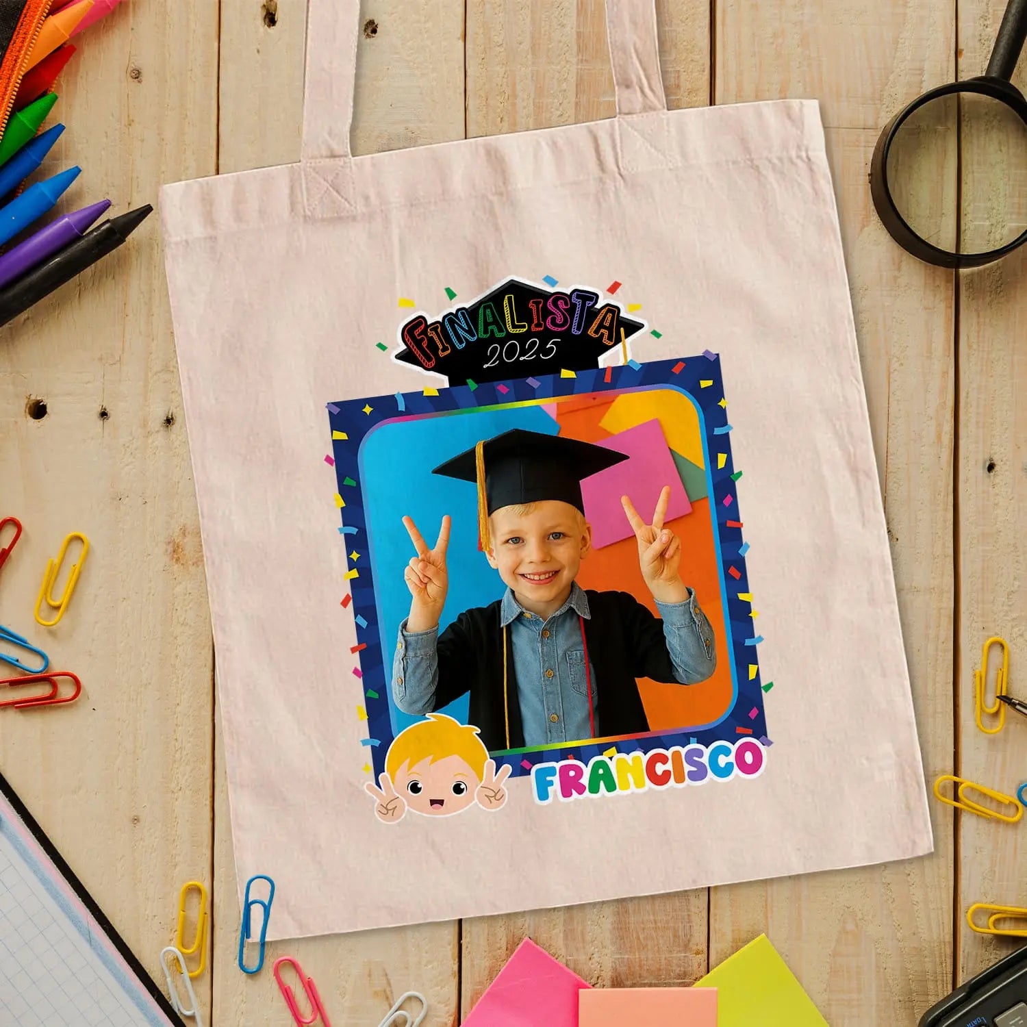 saco de pano personalizado com fotografia, nome e ano