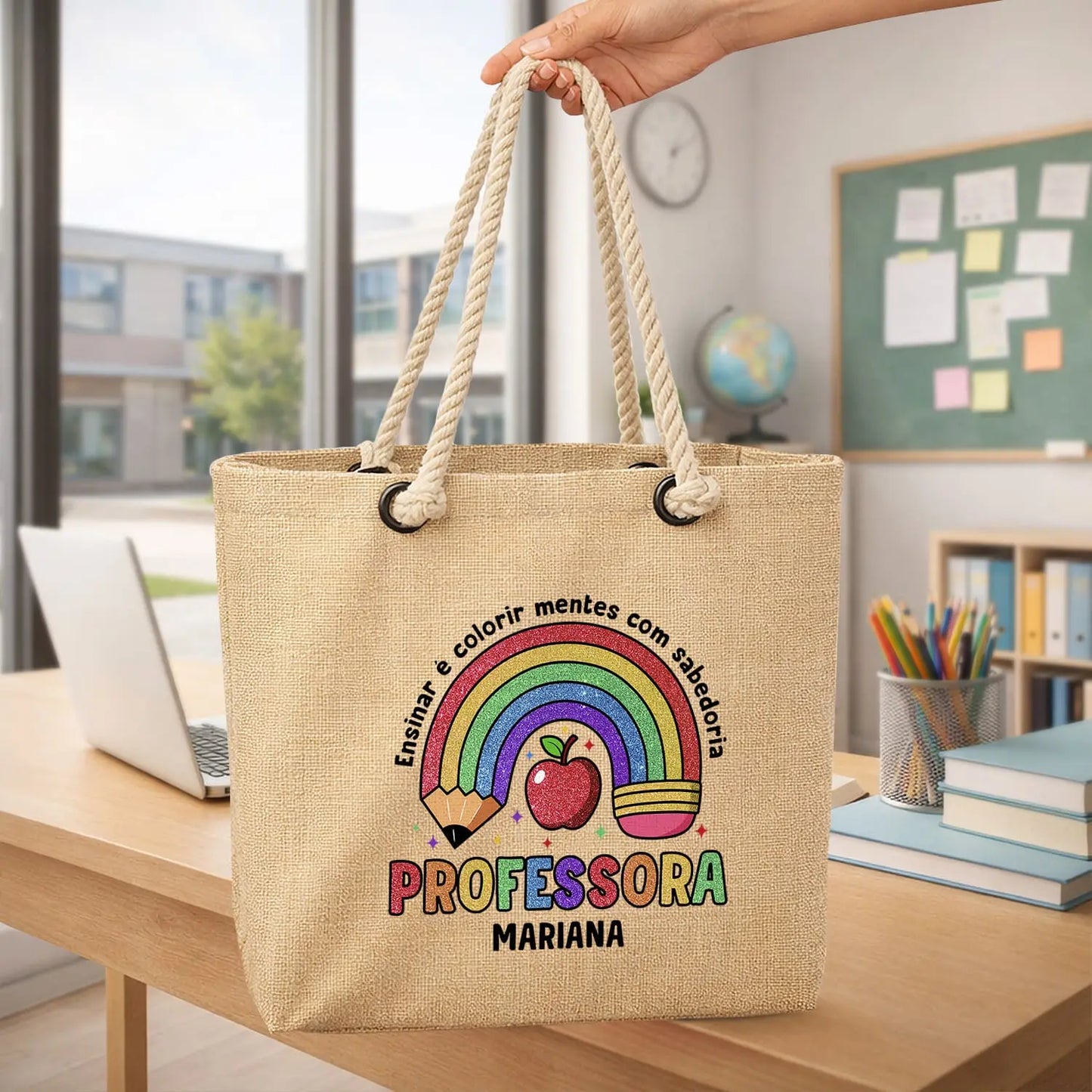 saco professora personalizado com nome e frase