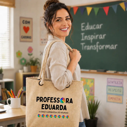 saco professora personalizado com nome e frase