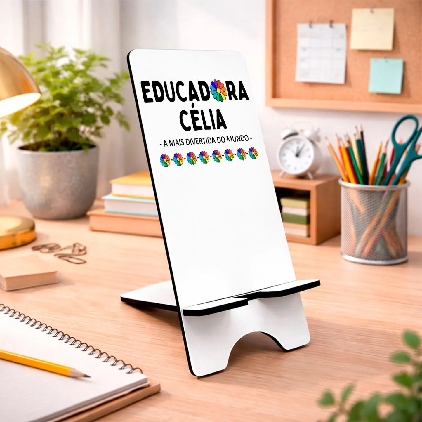 suporte de telemóvel educadora personalizado com nome e frase