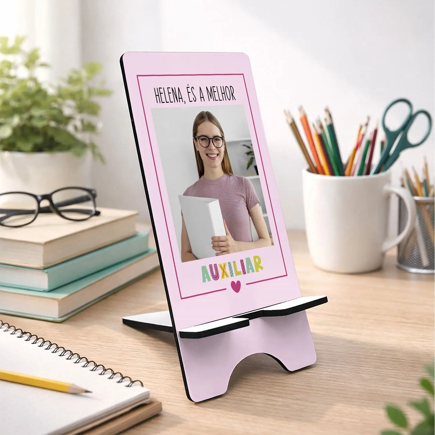 suporte de telemóvel auxiliar personalizado com nome e fotografia