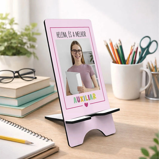 suporte de telemóvel auxiliar personalizado com nome e fotografia