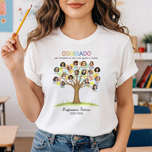 t shirt personalizada com nome da professora, nomes e fotografias dos alunos