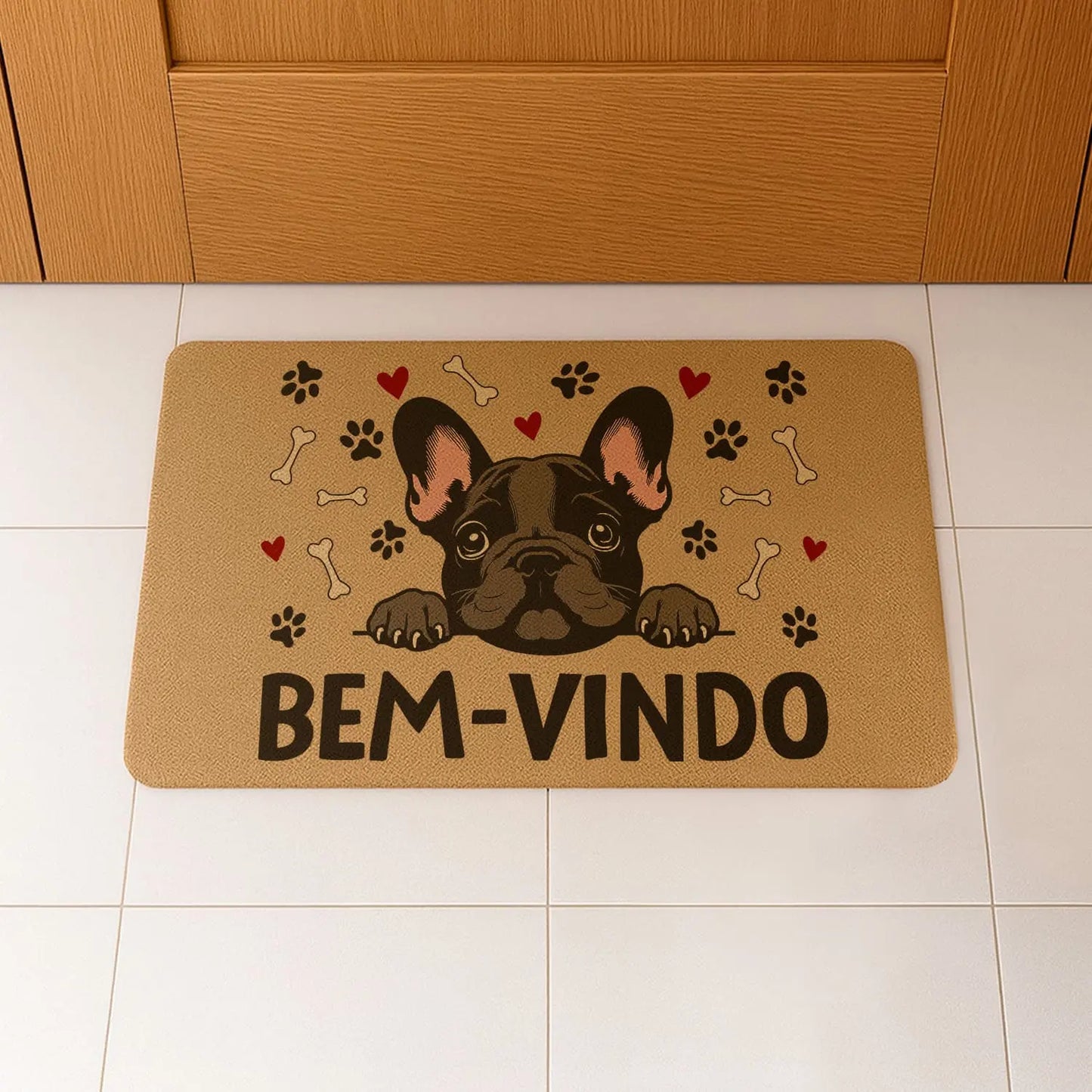 Tapete de entrada personalizado. Superfície de fibra sintética. Base de borracha preta antiderrapante. 40x60 cm.