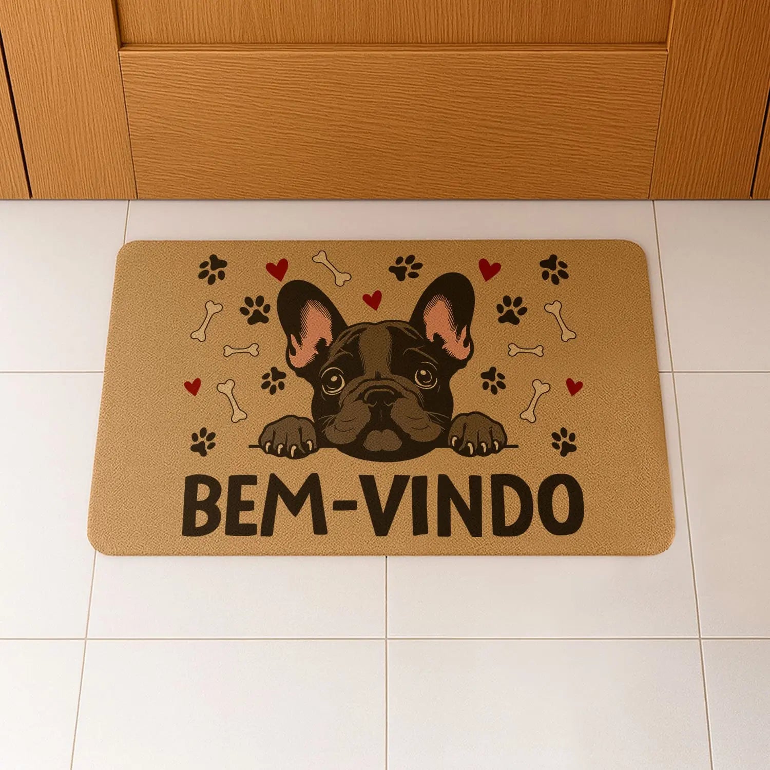 Tapete de entrada personalizado. Superfície de fibra sintética. Base de borracha preta antiderrapante. 40x60 cm.