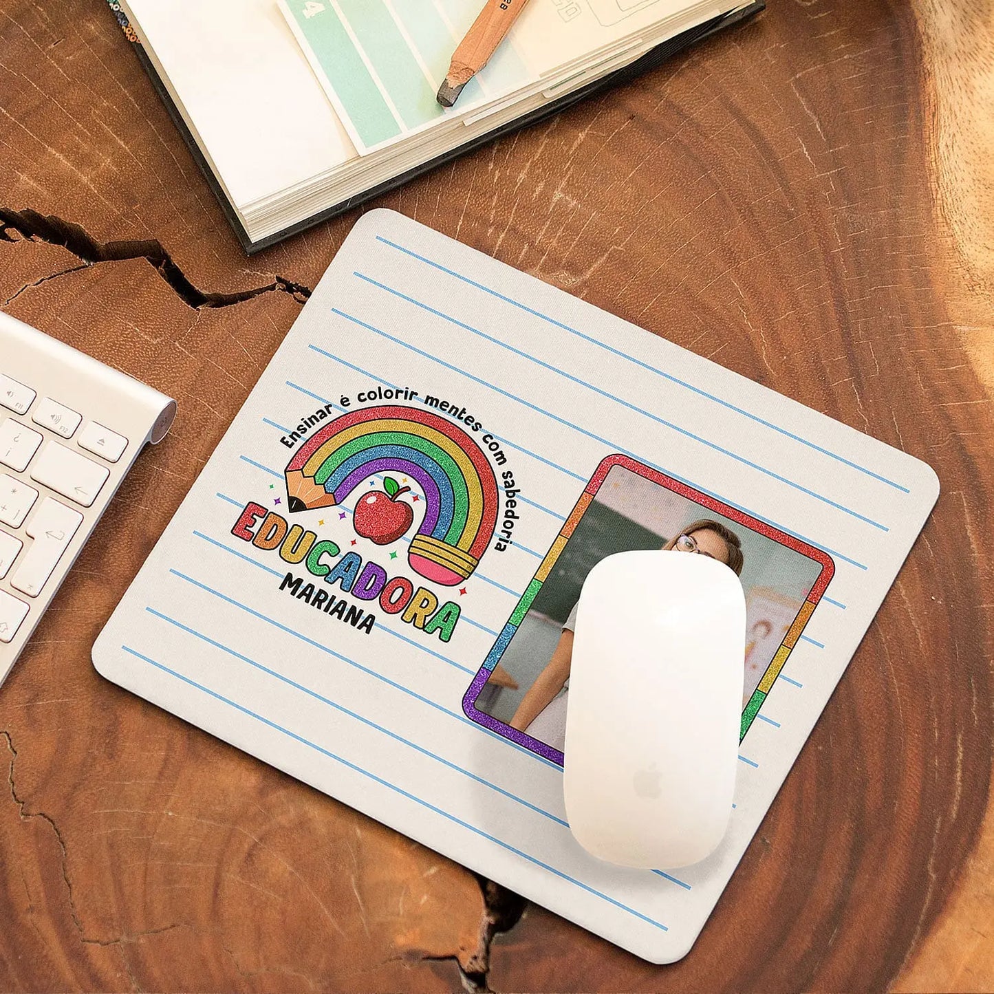 tapete de rato educadora personalizado com nome, frase e fotografia