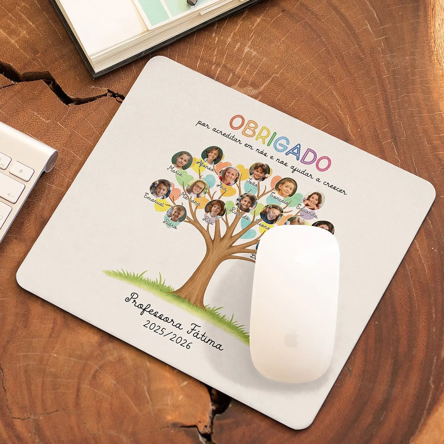 tapete de rato personalizado com nome da professora, nomes e fotografias dos alunos