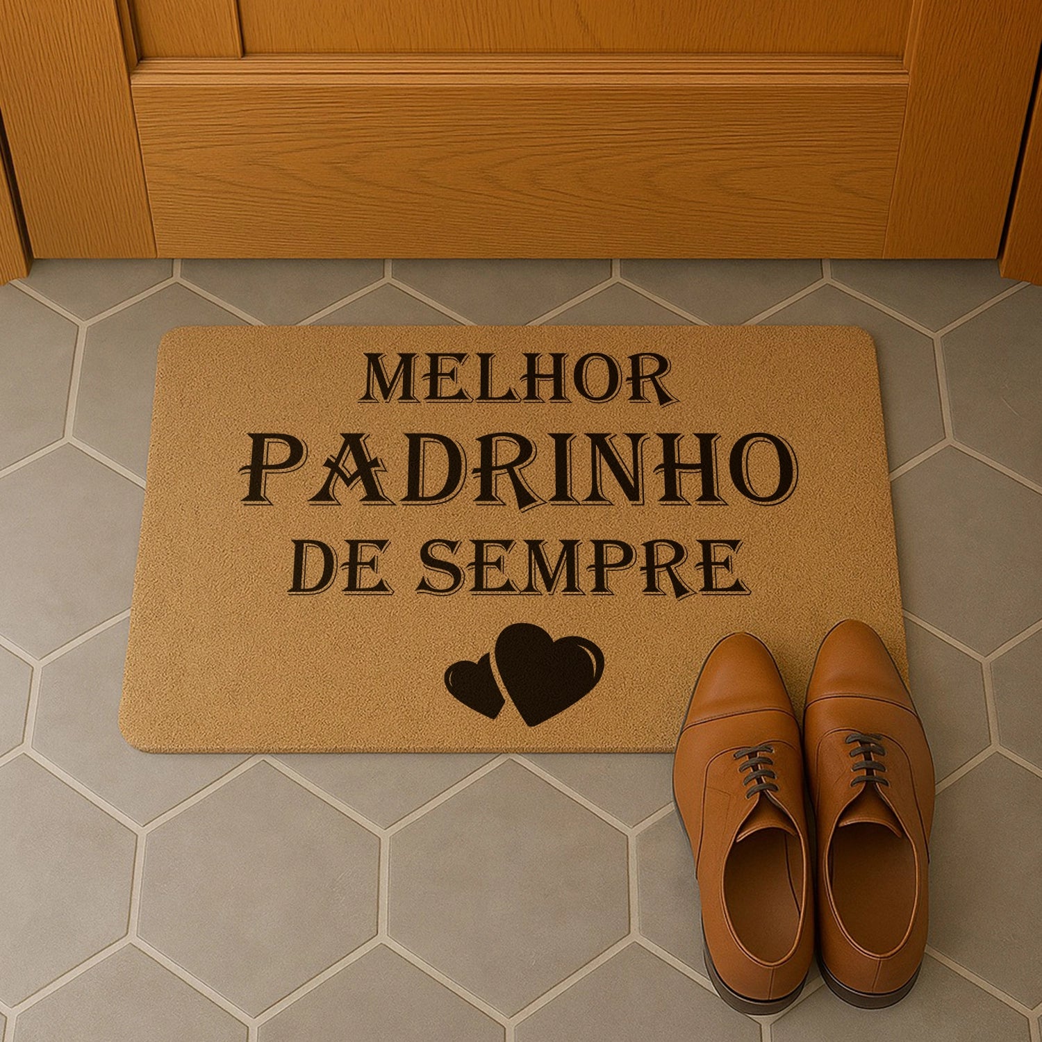 Tapete de entrada personalizado com grau de parentesco. Superfície de fibra sintética. Base de borracha preta antiderrapante. 40x60 cm.