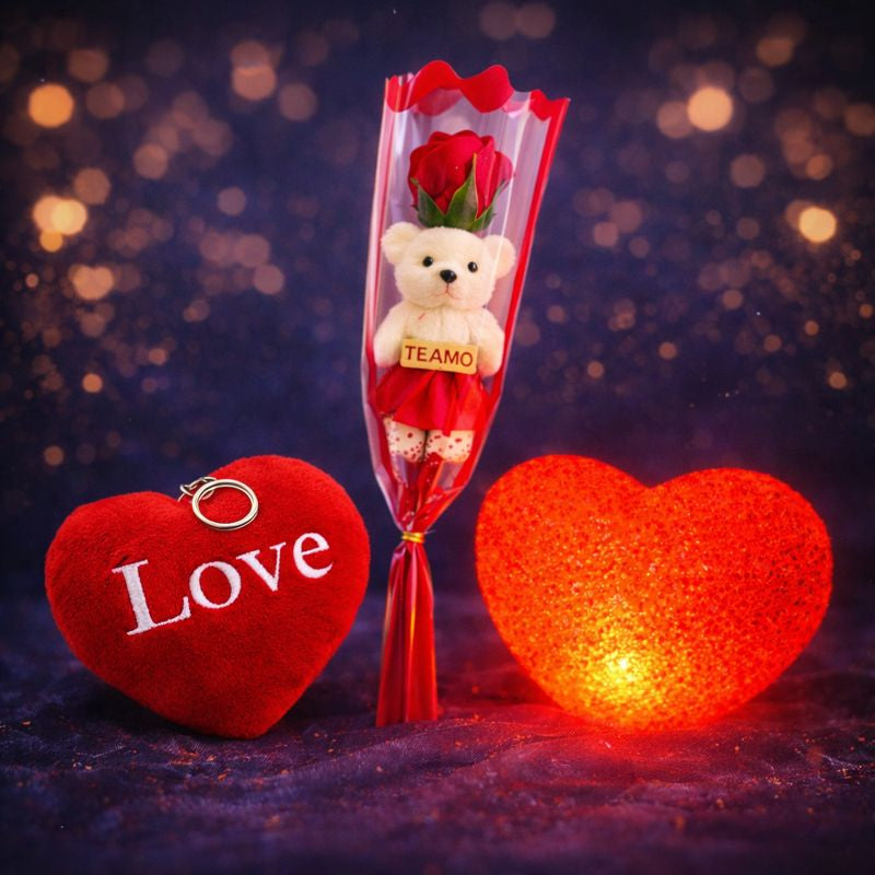 Trio Romântico - Candeeiro Coração + Rosa com Ursinho + Porta-chaves Coração Love
