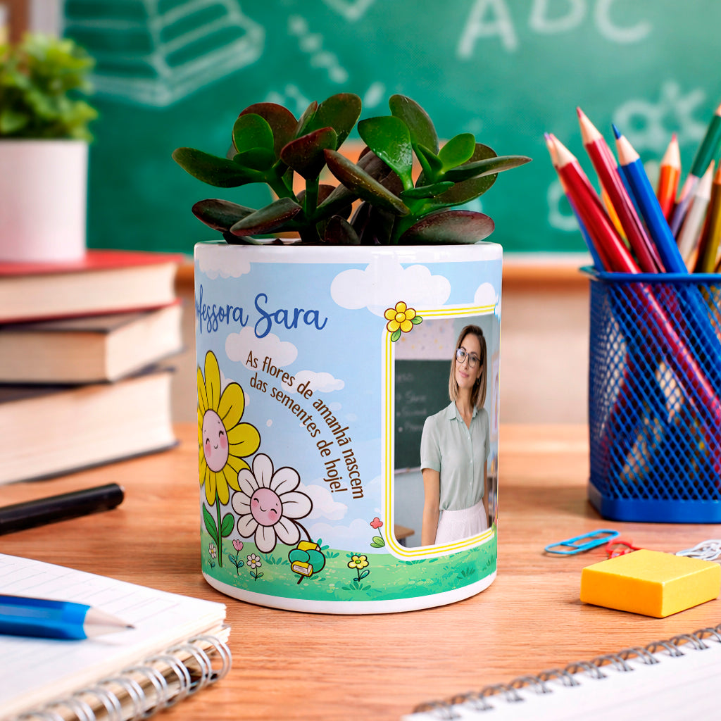 vaso professora personalizado com fotografia e nome