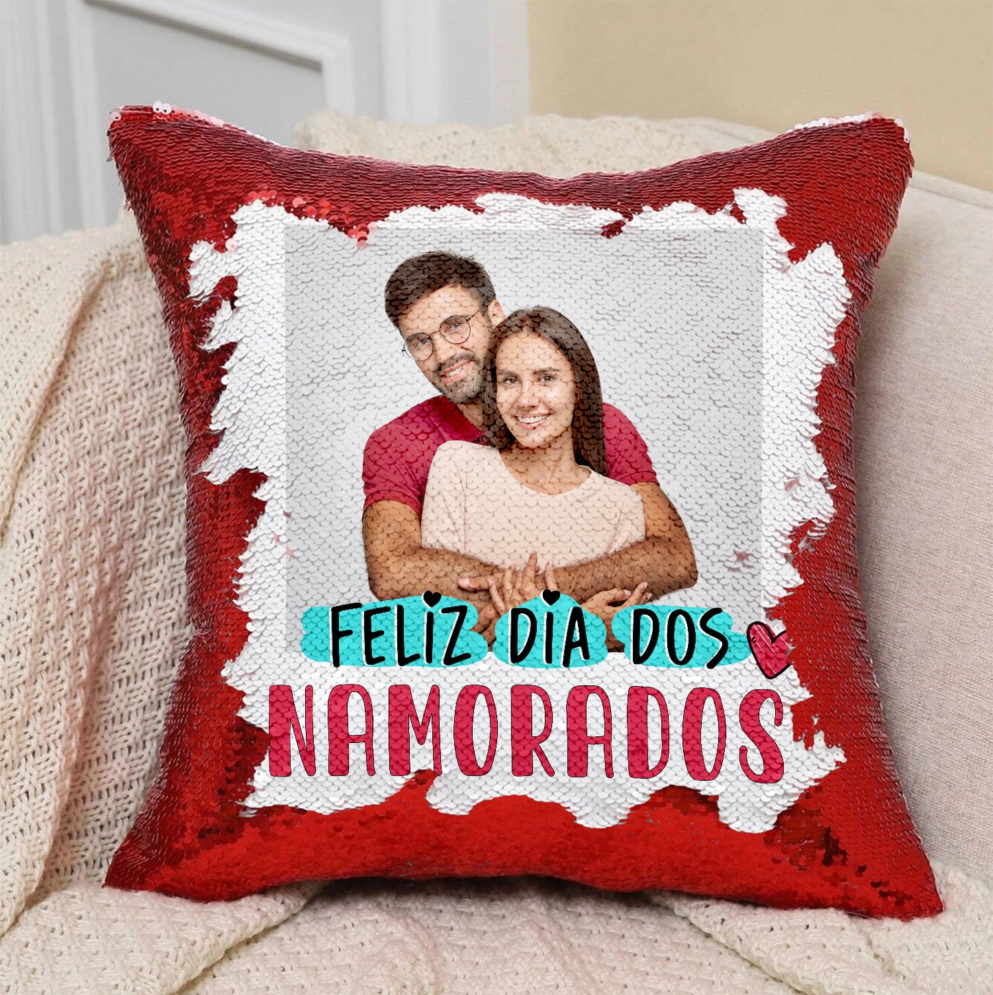 Almofada lantejoulas "Feliz Dia dos Namorados"