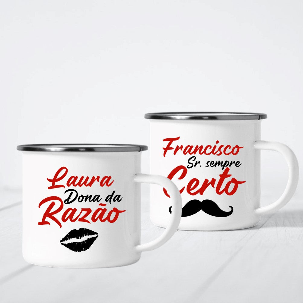 Caneca de Esmalte "Dona da razão vs. Sr. sempre certo"