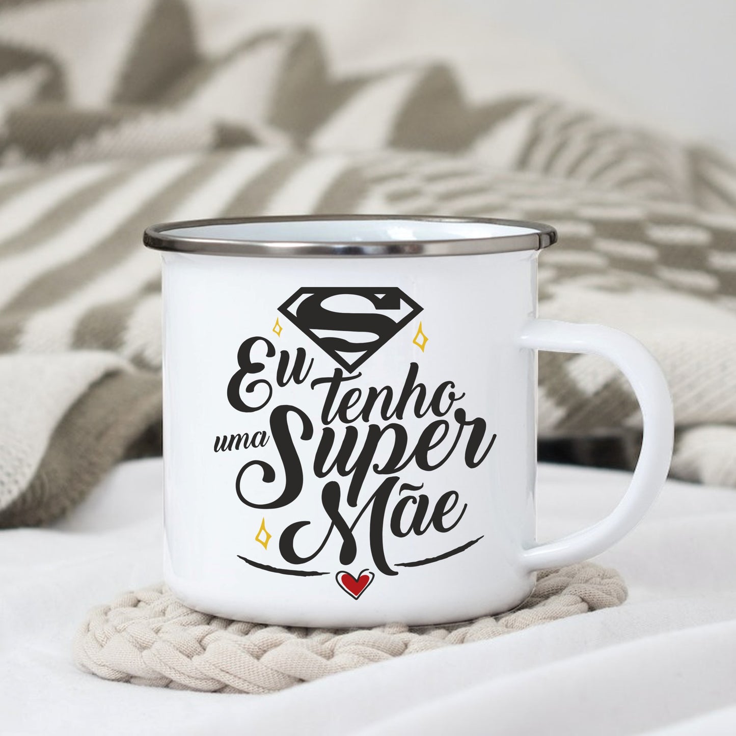 Caneca de Esmalte "Eu tenho uma super mãe"