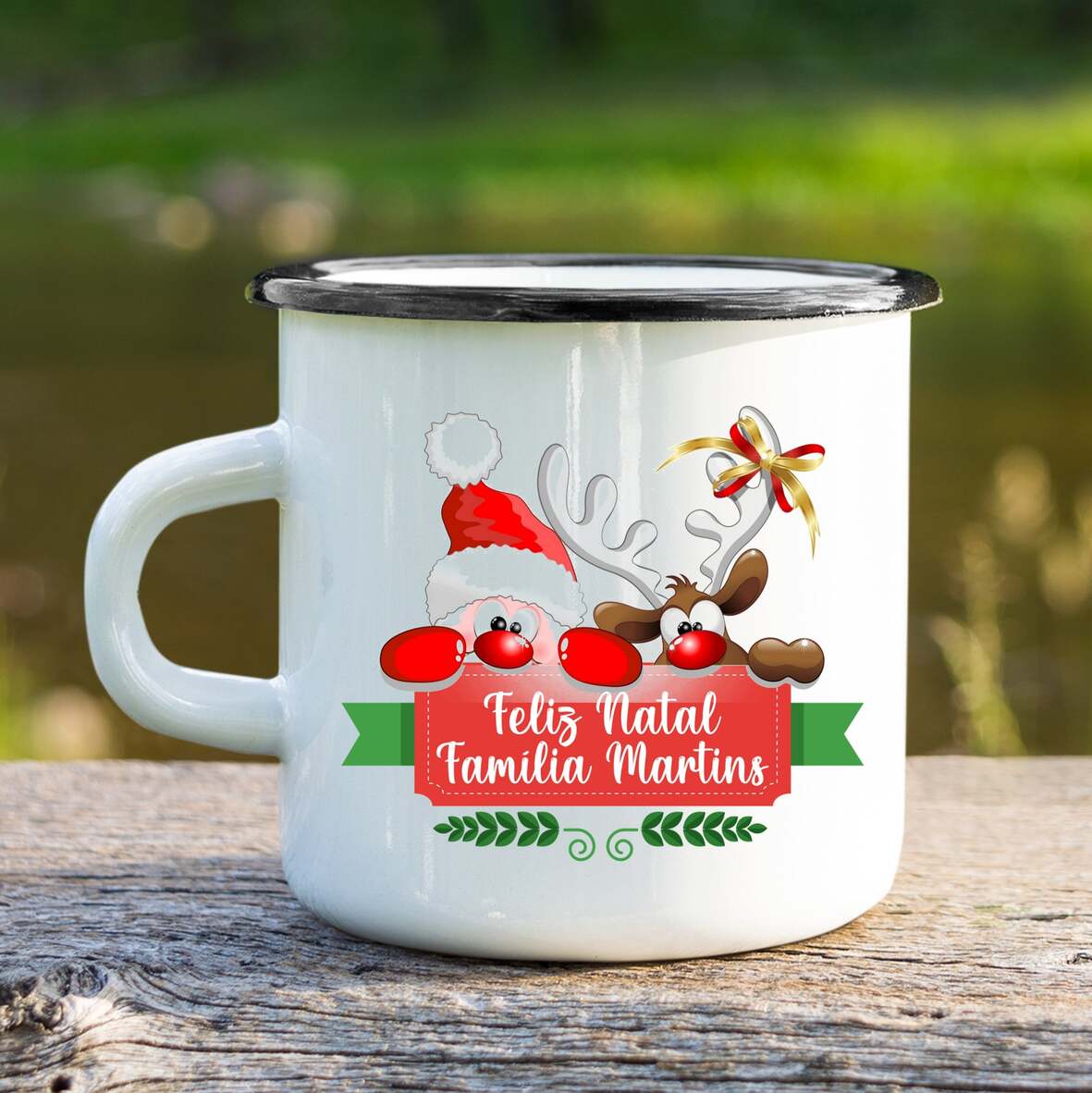 Caneca de Esmalte "Pai Natal e Rodolfo"