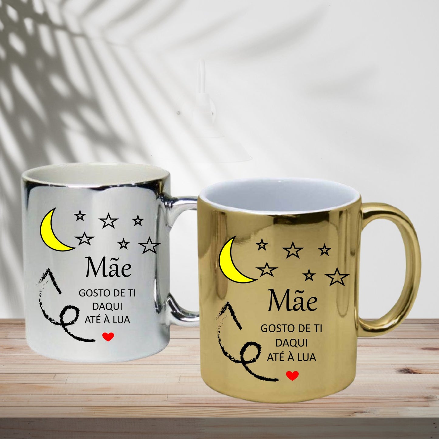 Caneca cromada "Mãe gosto de ti daqui até à Lua"